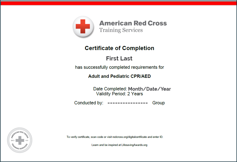 Sample CPR/AED completion certificate shown on our Japanese website.