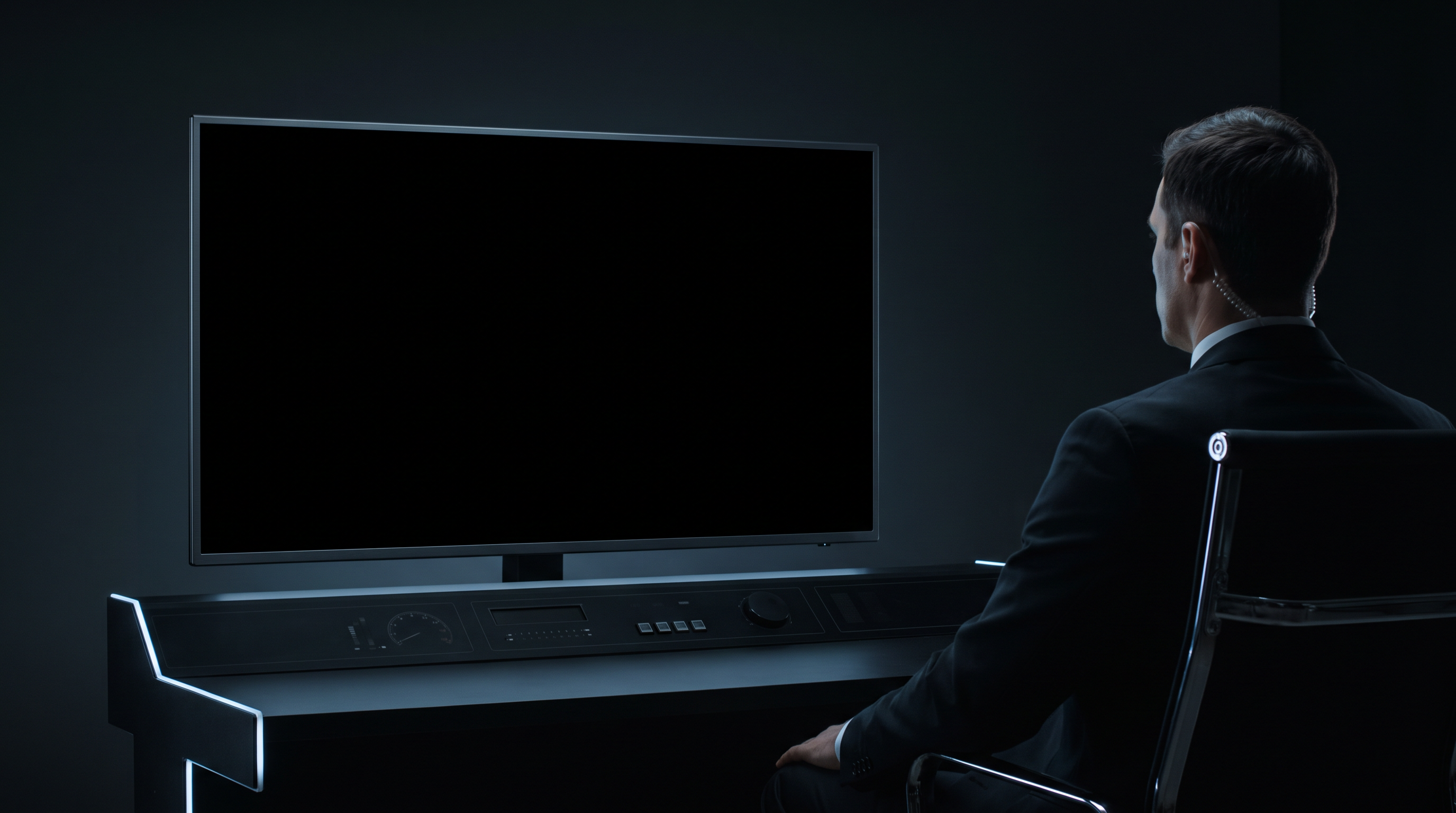 Illustrated security guard watching a monitor in a dark control room